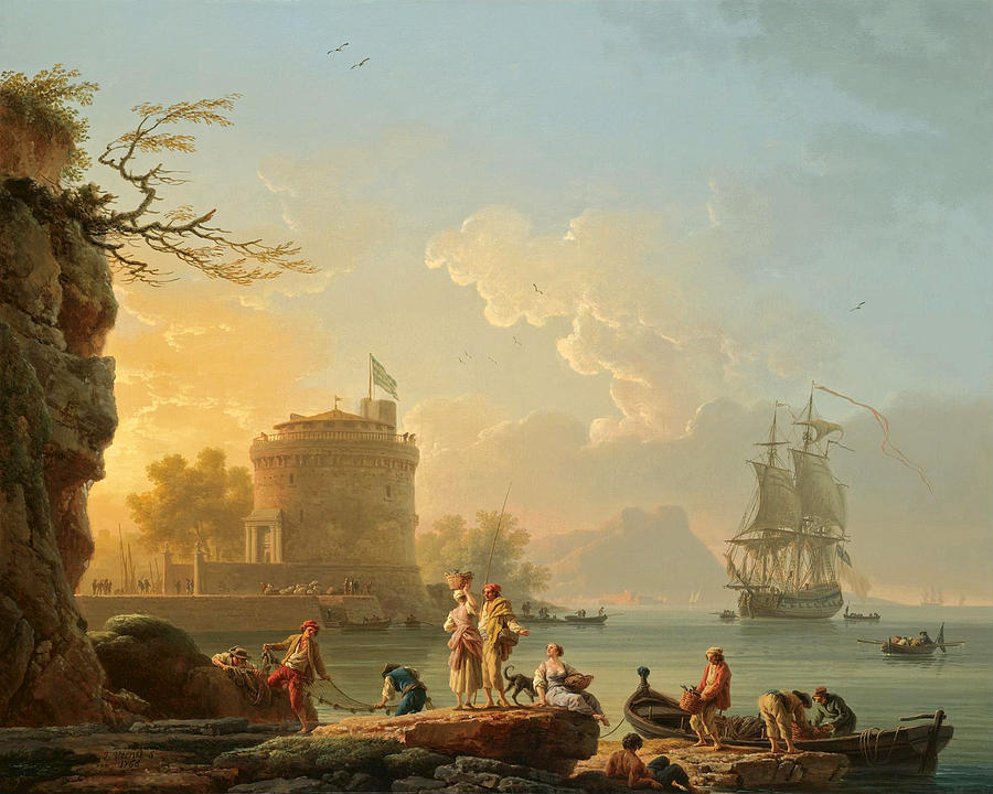 A Mediterranean Harbour at Sunset - by Claude Joseph Vernet